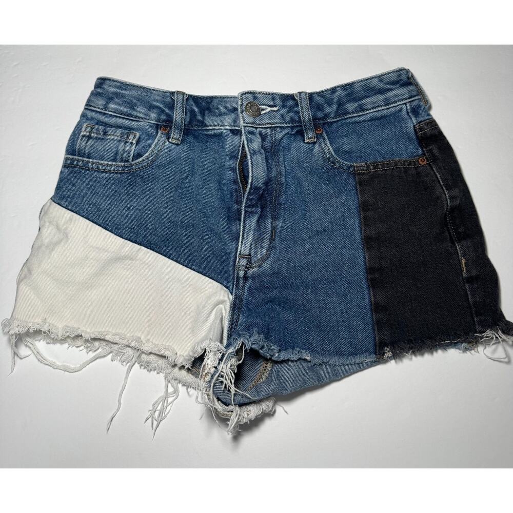 PacSun High Rise Festival Denim Shorts Womens 25 Colorblock Cutoff Raw Hem